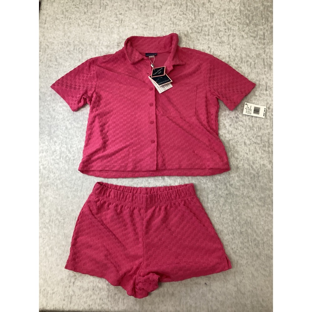 Andy & Evan Girls Hot Pink Terry Button Up Shirt and Shorts Set L 12/14 NEW